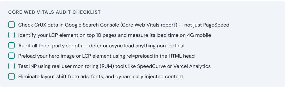 Core Web Vitals Audit Checklist